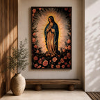 A detailed framed canvas depicting Our Lady of Guadalupe, also known as Virgin of Guadalupe, surrounded by floral motifs. The artwork features a traditional religious figure with a radiant halo and a floral border, rendered in a classic style suitable for Catholic-themed decor.