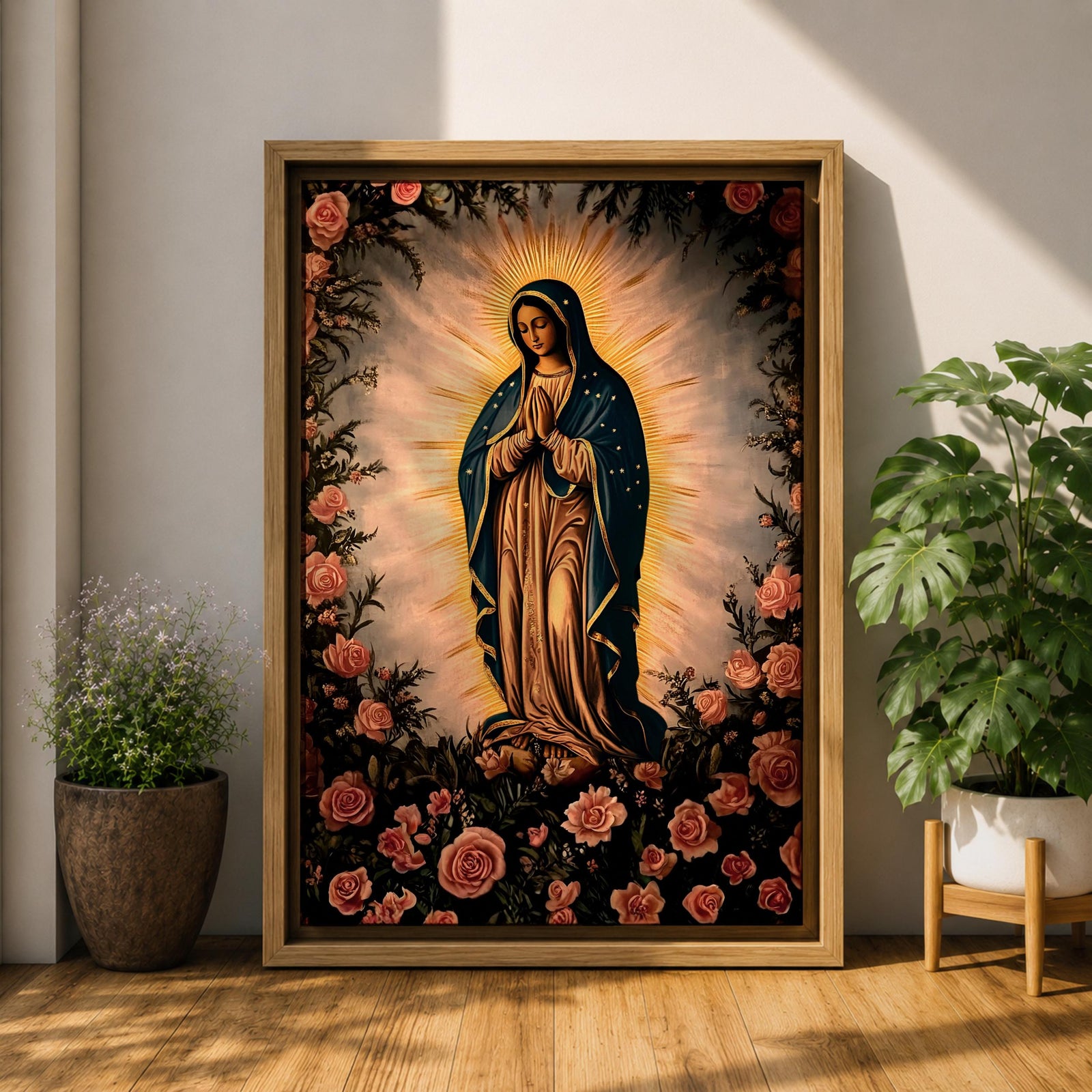 A detailed framed canvas depicting Our Lady of Guadalupe, also known as Virgin of Guadalupe, surrounded by floral motifs. The artwork features a traditional religious figure with a radiant halo and a floral border, rendered in a classic style suitable for Catholic-themed decor.
