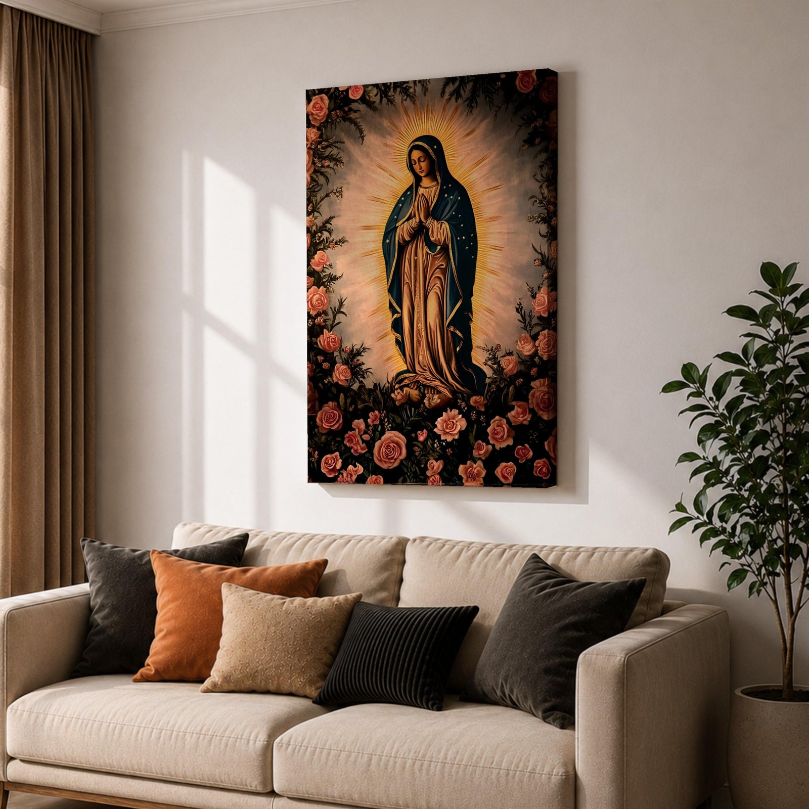 A detailed framed canvas depicting Our Lady of Guadalupe, also known as Virgin of Guadalupe, surrounded by floral motifs. The artwork features a traditional religious figure with a radiant halo and a floral border, rendered in a classic style suitable for Catholic-themed decor.