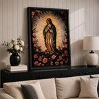 A detailed framed canvas depicting Our Lady of Guadalupe, also known as Virgin of Guadalupe, surrounded by floral motifs. The artwork features a traditional religious figure with a radiant halo and a floral border, rendered in a classic style suitable for Catholic-themed decor.