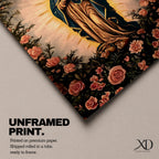 A detailed framed canvas depicting Our Lady of Guadalupe, also known as Virgin of Guadalupe, surrounded by floral motifs. The artwork features a traditional religious figure with a radiant halo and a floral border, rendered in a classic style suitable for Catholic-themed decor.