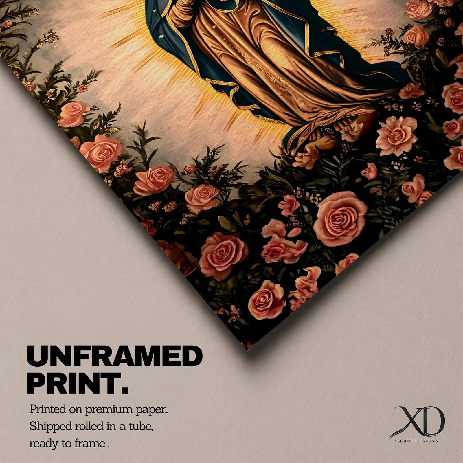 A detailed framed canvas depicting Our Lady of Guadalupe, also known as Virgin of Guadalupe, surrounded by floral motifs. The artwork features a traditional religious figure with a radiant halo and a floral border, rendered in a classic style suitable for Catholic-themed decor.