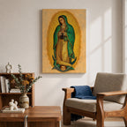 This artwork depicts Our Lady of Guadalupe rendered in a detailed mosaic style with vibrant gold and green tones. The figure is shown with hands clasped in prayer, surrounded by a radiant golden aura, and standing on a crescent moon supported by an angelic face below, capturing the iconic religious imagery.