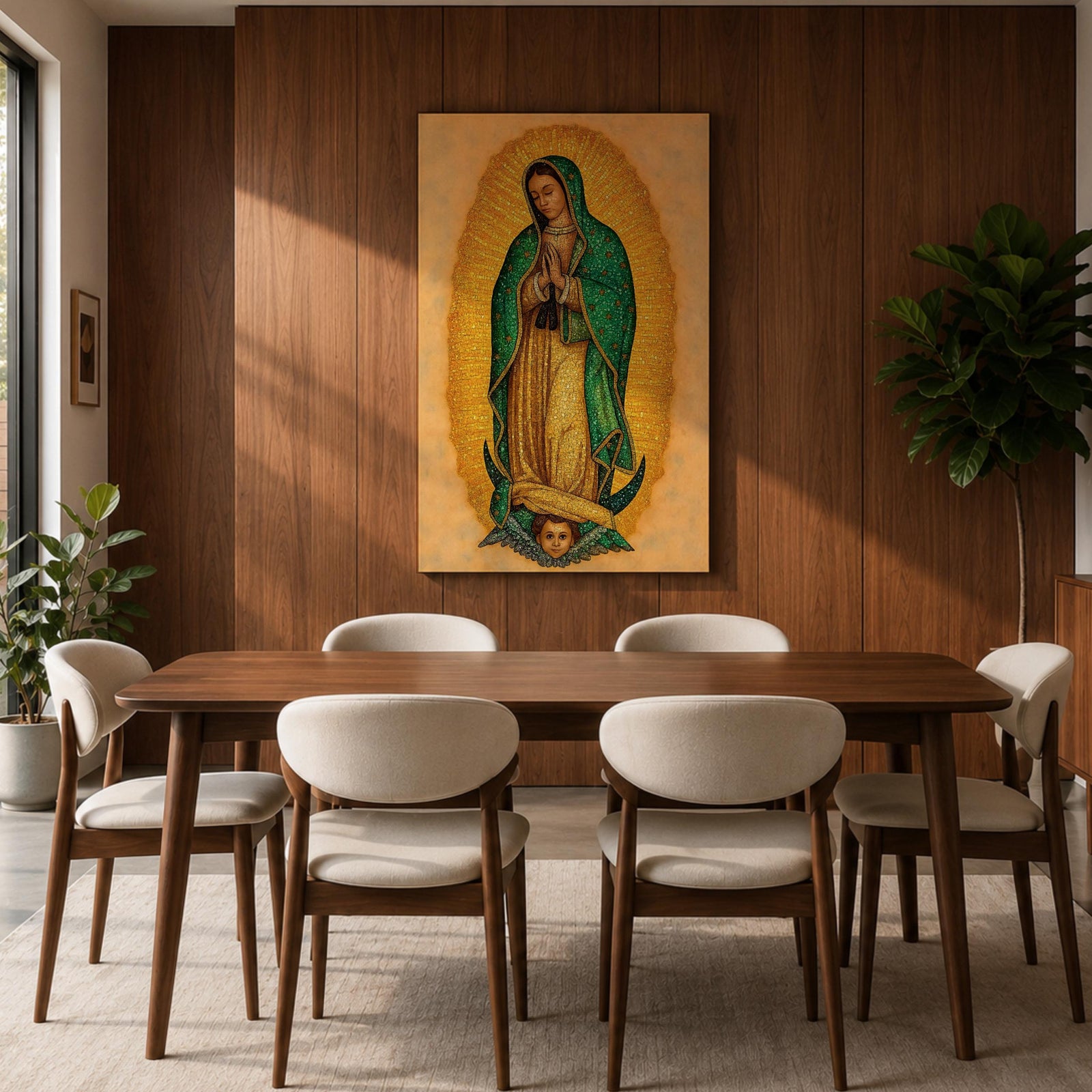 This artwork depicts Our Lady of Guadalupe rendered in a detailed mosaic style with vibrant gold and green tones. The figure is shown with hands clasped in prayer, surrounded by a radiant golden aura, and standing on a crescent moon supported by an angelic face below, capturing the iconic religious imagery.