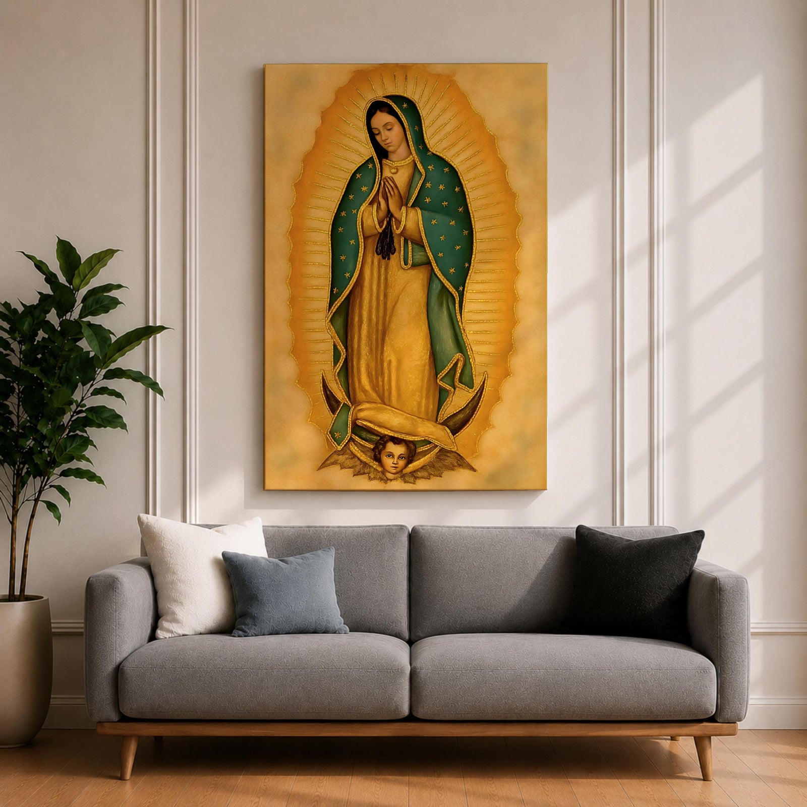 An illustration of Our Lady of Guadalupe standing in prayer with hands clasped, wearing a rose pink gown and a teal mantle filled with gold stars, surrounded by radiant golden sun rays and supported by a crescent moon with an angel beneath, rendered in traditional Mexican Catholic devotional style with rich warm tones and sacred symbolism.
