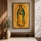 An illustration of Our Lady of Guadalupe standing in prayer with hands clasped, wearing a rose pink gown and a teal mantle filled with gold stars, surrounded by radiant golden sun rays and supported by a crescent moon with an angel beneath, rendered in traditional Mexican Catholic devotional style with rich warm tones and sacred symbolism.