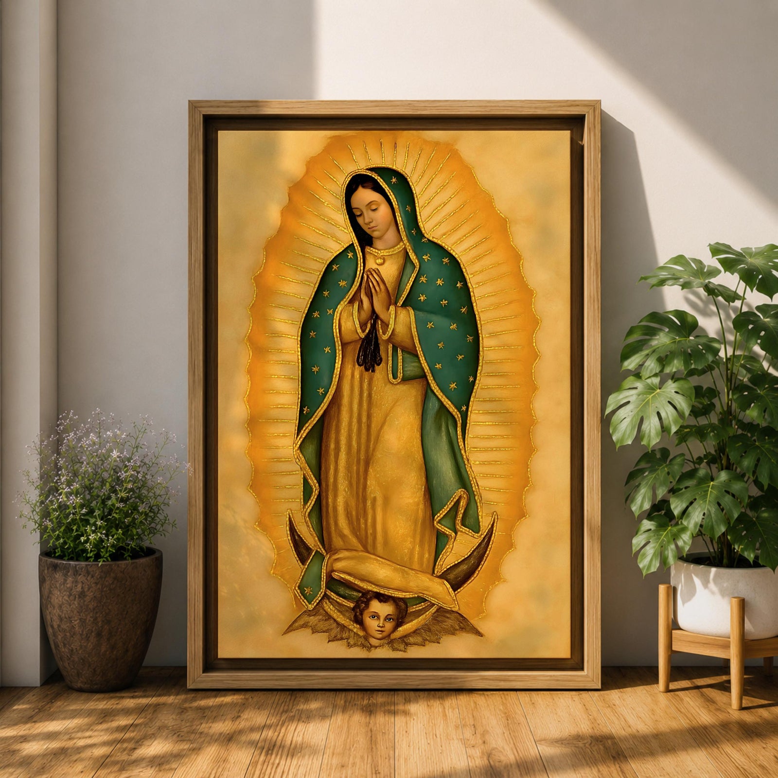 An illustration of Our Lady of Guadalupe standing in prayer with hands clasped, wearing a rose pink gown and a teal mantle filled with gold stars, surrounded by radiant golden sun rays and supported by a crescent moon with an angel beneath, rendered in traditional Mexican Catholic devotional style with rich warm tones and sacred symbolism.