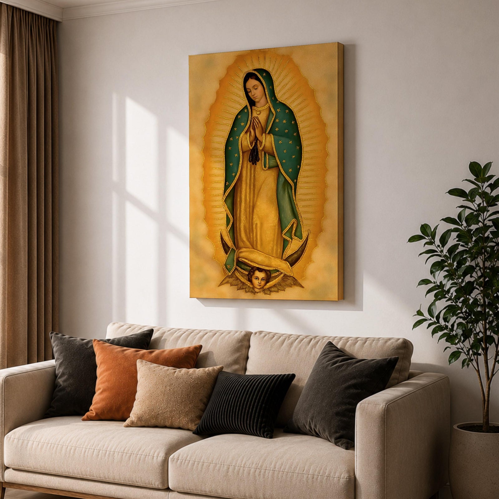 An illustration of Our Lady of Guadalupe standing in prayer with hands clasped, wearing a rose pink gown and a teal mantle filled with gold stars, surrounded by radiant golden sun rays and supported by a crescent moon with an angel beneath, rendered in traditional Mexican Catholic devotional style with rich warm tones and sacred symbolism.
