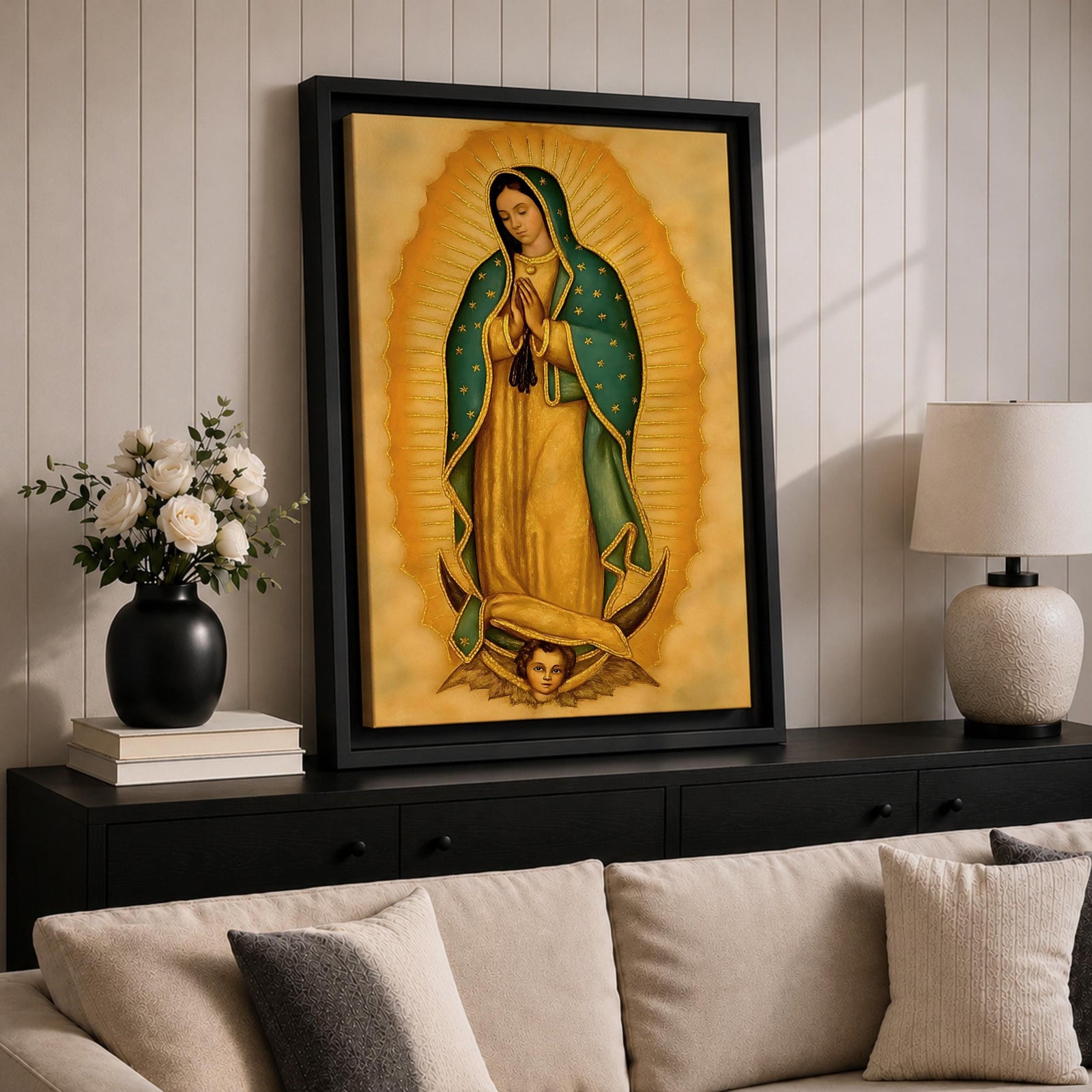 An illustration of Our Lady of Guadalupe standing in prayer with hands clasped, wearing a rose pink gown and a teal mantle filled with gold stars, surrounded by radiant golden sun rays and supported by a crescent moon with an angel beneath, rendered in traditional Mexican Catholic devotional style with rich warm tones and sacred symbolism.