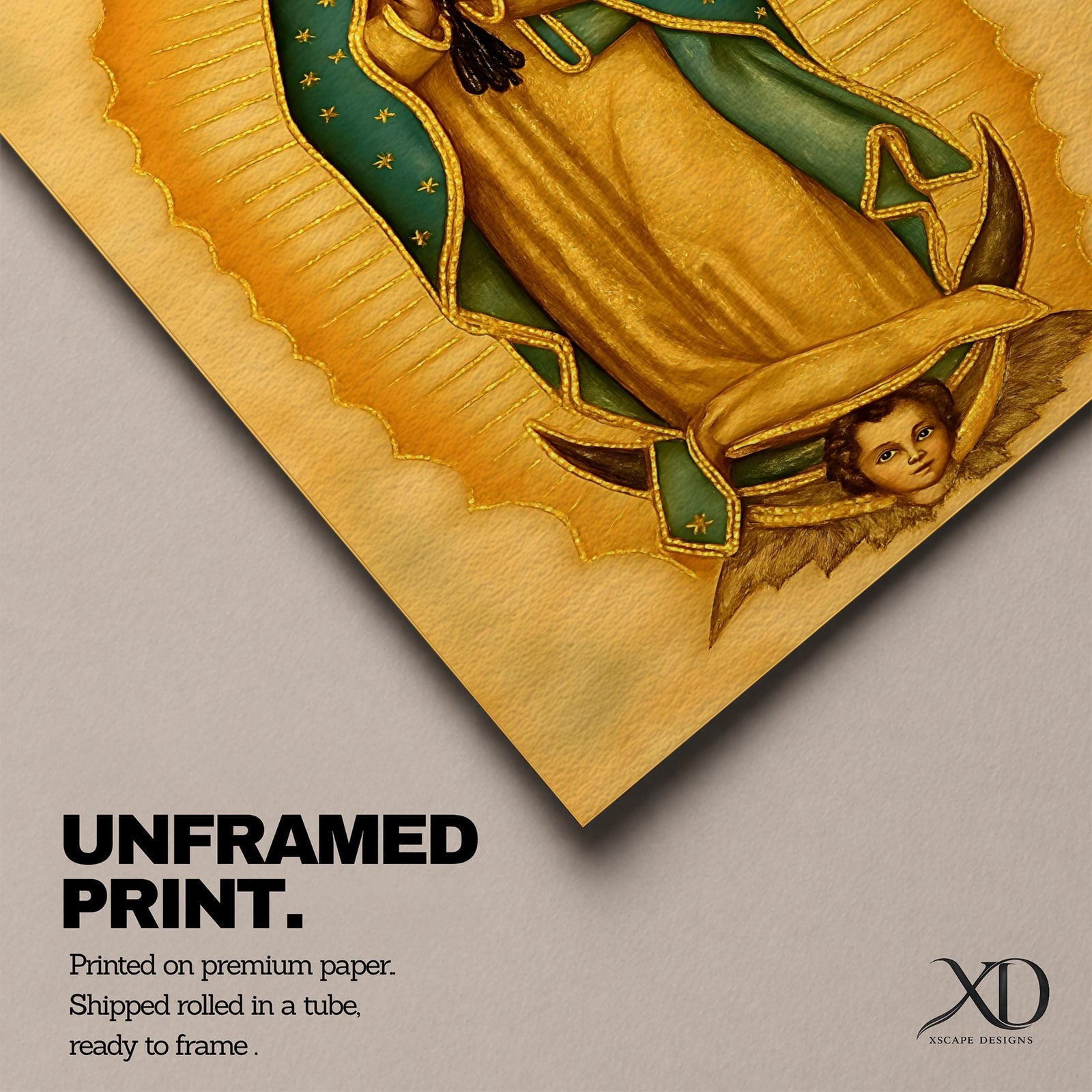 An illustration of Our Lady of Guadalupe standing in prayer with hands clasped, wearing a rose pink gown and a teal mantle filled with gold stars, surrounded by radiant golden sun rays and supported by a crescent moon with an angel beneath, rendered in traditional Mexican Catholic devotional style with rich warm tones and sacred symbolism.