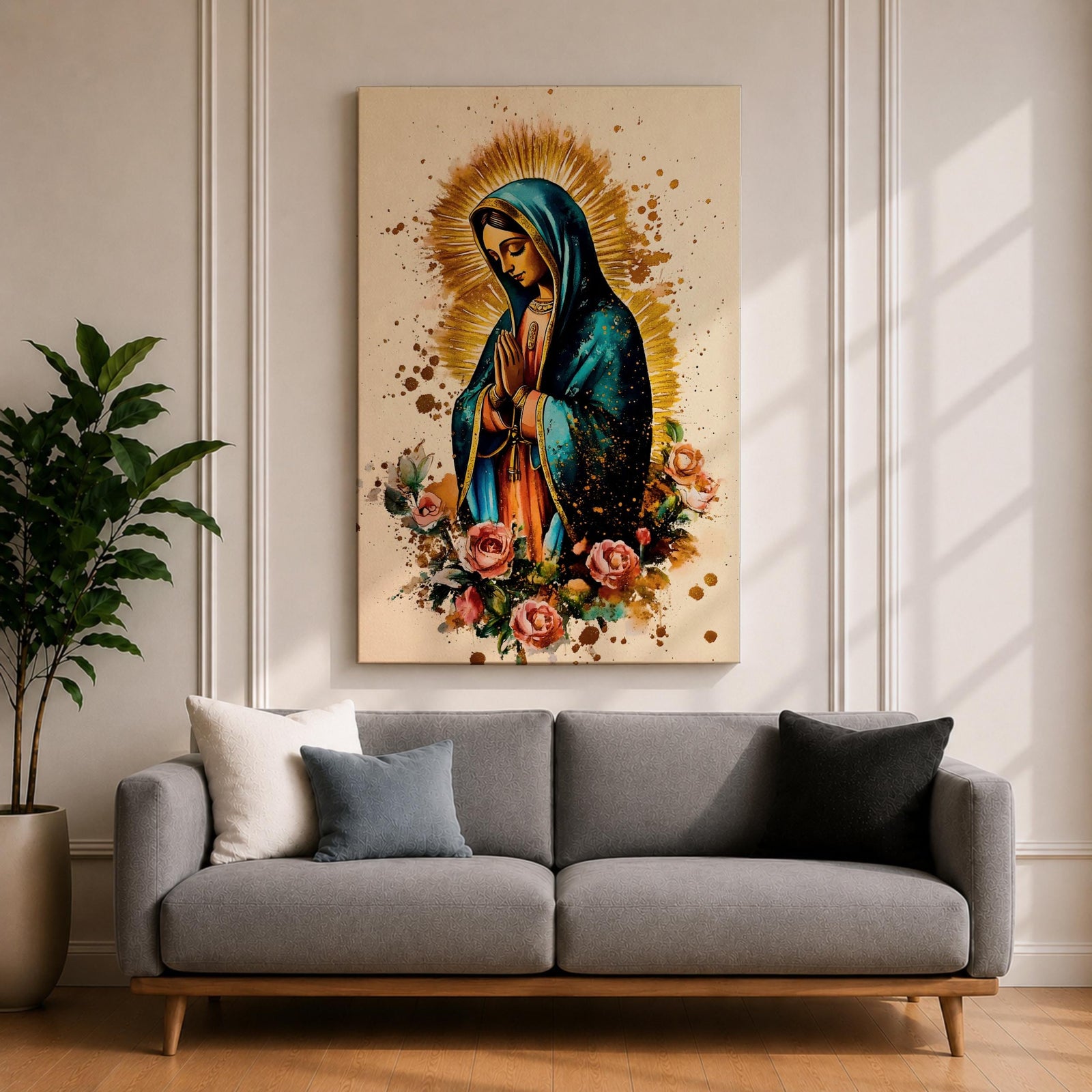 A detailed framed canvas print depicting Our Lady of Guadalupe with hands clasped in prayer, wearing a blue mantle and surrounded by a golden aura and pink roses, rendered in a vibrant, illustrative style emphasizing cultural and religious symbolism.