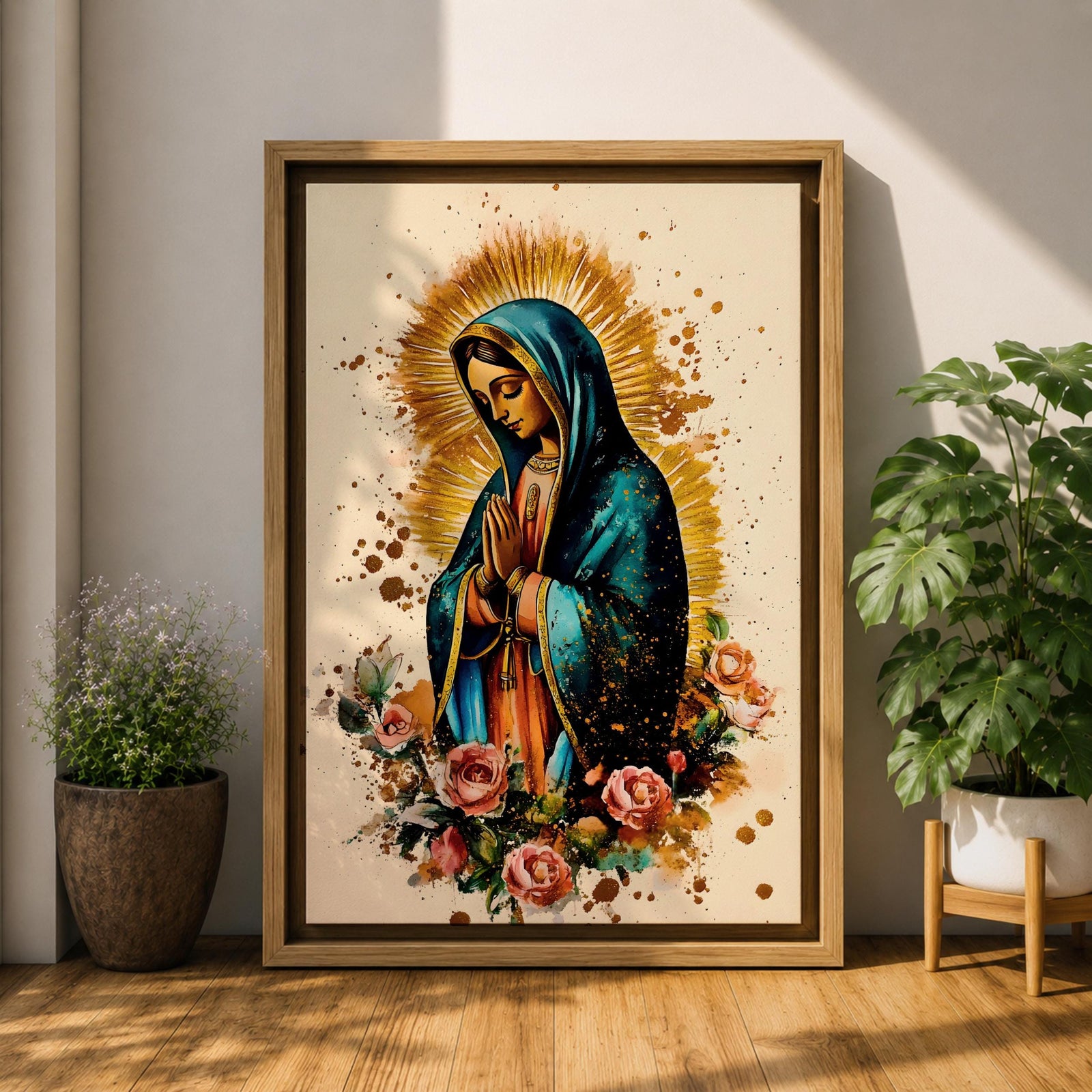 A detailed framed canvas print depicting Our Lady of Guadalupe with hands clasped in prayer, wearing a blue mantle and surrounded by a golden aura and pink roses, rendered in a vibrant, illustrative style emphasizing cultural and religious symbolism.