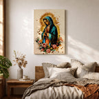 A detailed framed canvas print depicting Our Lady of Guadalupe with hands clasped in prayer, wearing a blue mantle and surrounded by a golden aura and pink roses, rendered in a vibrant, illustrative style emphasizing cultural and religious symbolism.