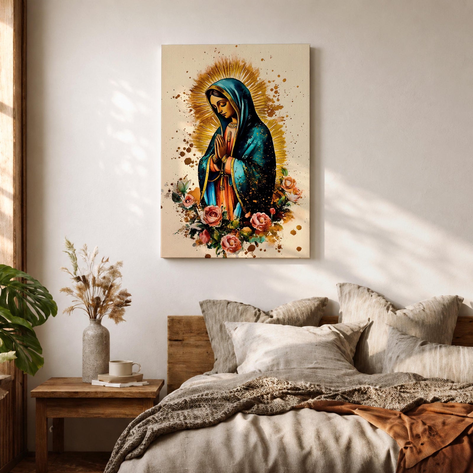 A detailed framed canvas print depicting Our Lady of Guadalupe with hands clasped in prayer, wearing a blue mantle and surrounded by a golden aura and pink roses, rendered in a vibrant, illustrative style emphasizing cultural and religious symbolism.