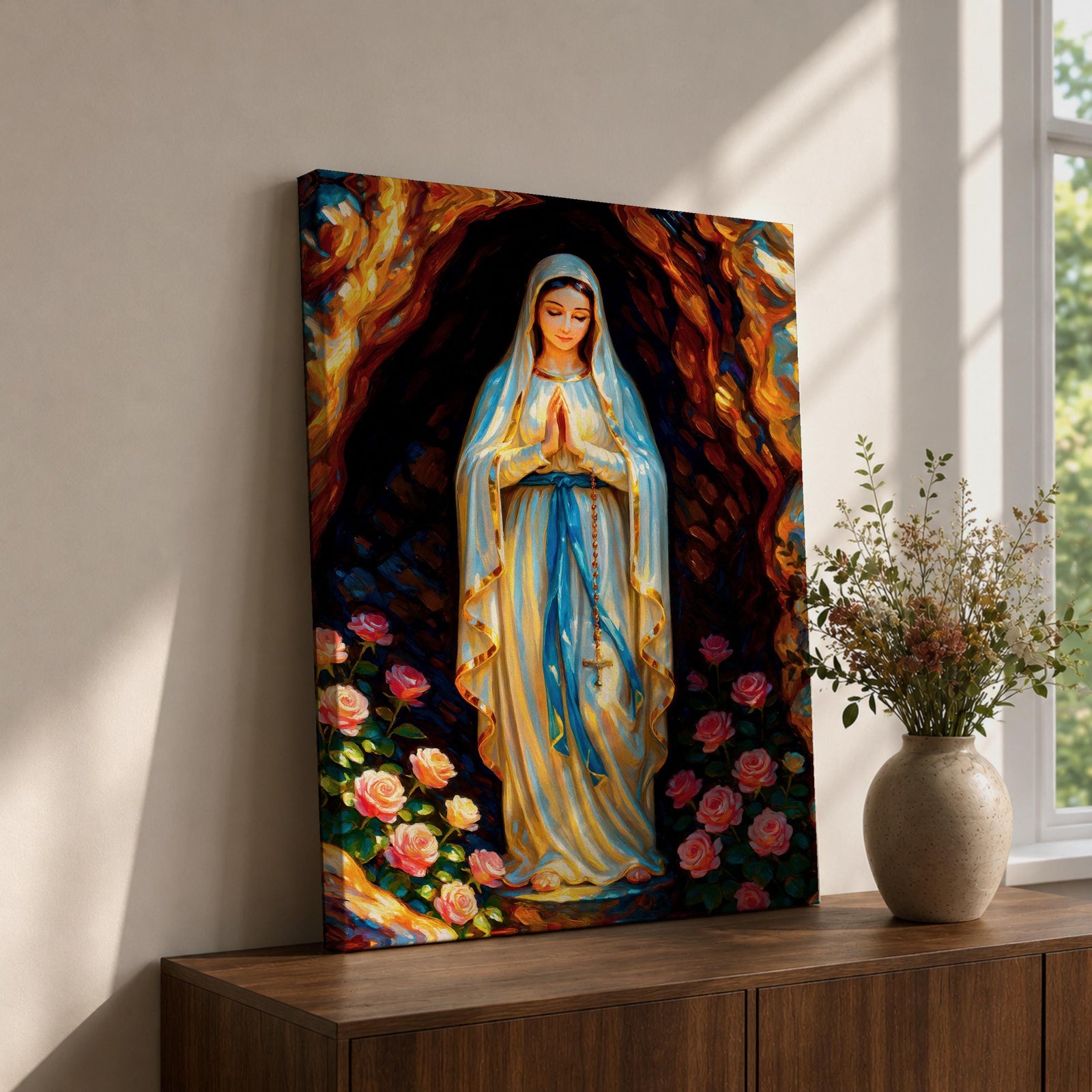 A devotional illustration of Our Lady of Lourdes standing in prayer with hands clasped, dressed in a flowing white robe with a pale blue sash and veil, appearing within a rocky grotto with soft radiant light, accompanied by delicate roses near her feet, rendered in traditional Catholic devotional style with gentle colors and serene composition.