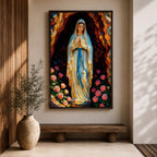 A devotional illustration of Our Lady of Lourdes standing in prayer with hands clasped, dressed in a flowing white robe with a pale blue sash and veil, appearing within a rocky grotto with soft radiant light, accompanied by delicate roses near her feet, rendered in traditional Catholic devotional style with gentle colors and serene composition.