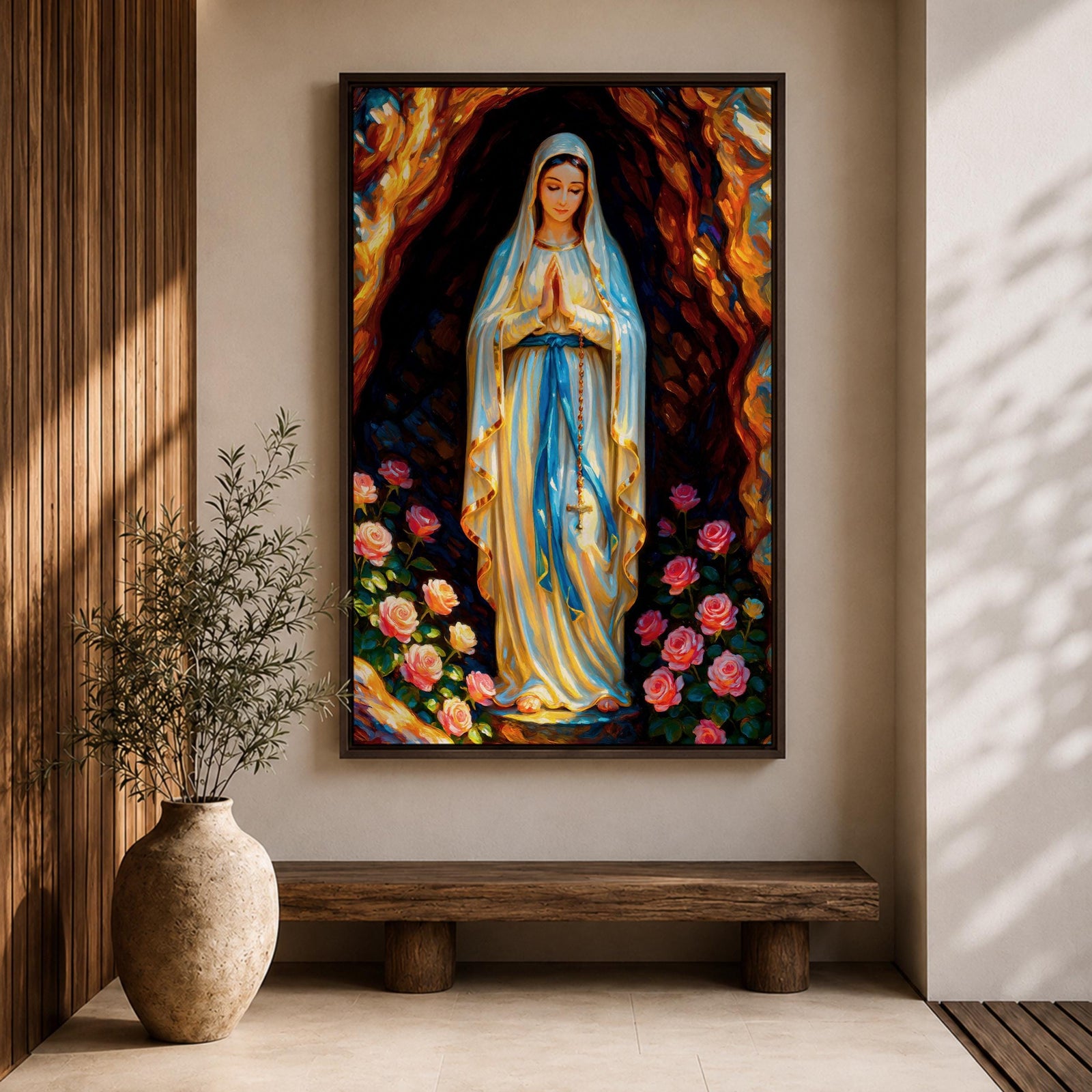A devotional illustration of Our Lady of Lourdes standing in prayer with hands clasped, dressed in a flowing white robe with a pale blue sash and veil, appearing within a rocky grotto with soft radiant light, accompanied by delicate roses near her feet, rendered in traditional Catholic devotional style with gentle colors and serene composition.