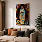 A devotional illustration of Our Lady of Lourdes standing in prayer with hands clasped, dressed in a flowing white robe with a pale blue sash and veil, appearing within a rocky grotto with soft radiant light, accompanied by delicate roses near her feet, rendered in traditional Catholic devotional style with gentle colors and serene composition.