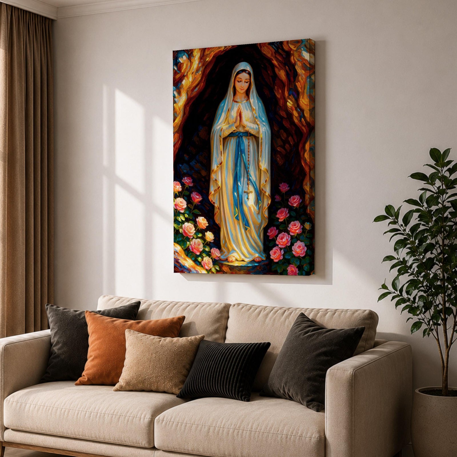 A devotional illustration of Our Lady of Lourdes standing in prayer with hands clasped, dressed in a flowing white robe with a pale blue sash and veil, appearing within a rocky grotto with soft radiant light, accompanied by delicate roses near her feet, rendered in traditional Catholic devotional style with gentle colors and serene composition.