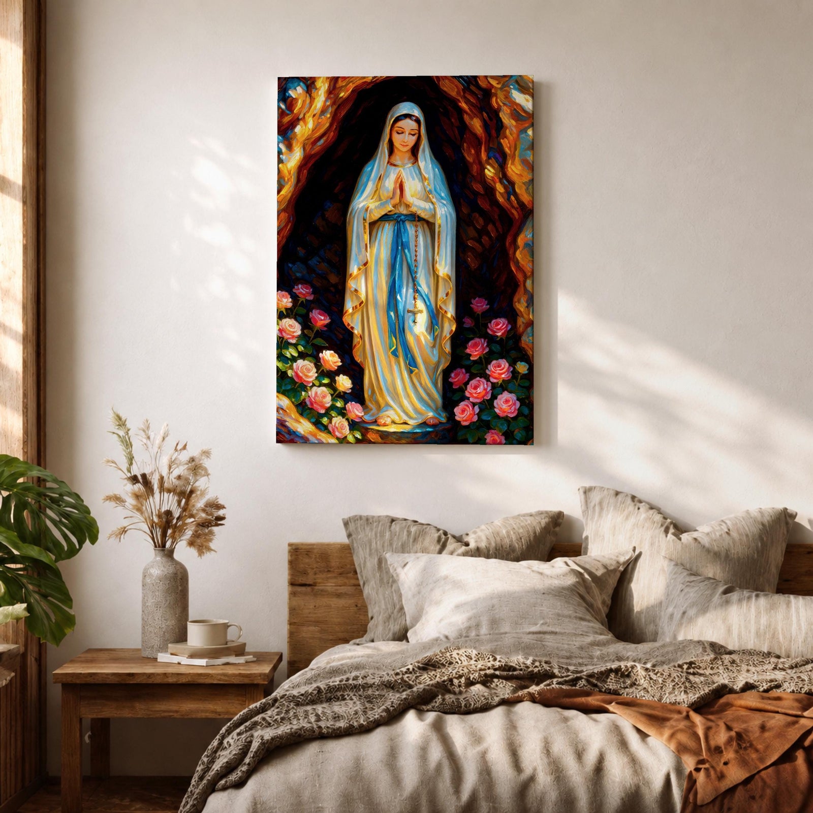 A devotional illustration of Our Lady of Lourdes standing in prayer with hands clasped, dressed in a flowing white robe with a pale blue sash and veil, appearing within a rocky grotto with soft radiant light, accompanied by delicate roses near her feet, rendered in traditional Catholic devotional style with gentle colors and serene composition.