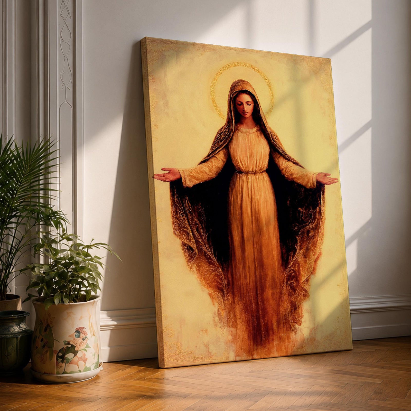 A devotional depiction of Our Lady of Grace showing the Virgin Mary standing with arms gently extended and rays of light flowing from her hands, dressed in a flowing white robe with a pale blue mantle, rendered in vintage Catholic devotional style with soft tones, delicate shading, and a serene sacred composition centered on Marian symbolism.