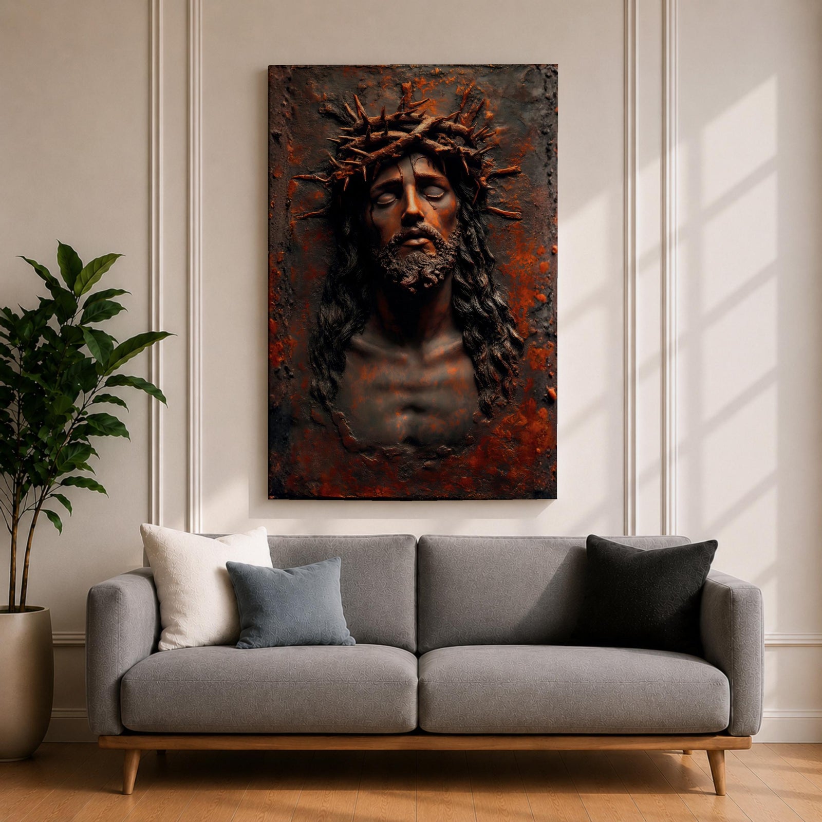 A detailed framed canvas wall art depicting Jesus wearing a crown of thorns with eyes closed and a sorrowful expression. The artwork captures the emotional intensity of Christ of Sorrows with textured, realistic features emphasizing the crown and facial hair, set against a dark, rustic background.