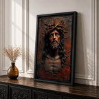 A detailed framed canvas wall art depicting Jesus wearing a crown of thorns with eyes closed and a sorrowful expression. The artwork captures the emotional intensity of Christ of Sorrows with textured, realistic features emphasizing the crown and facial hair, set against a dark, rustic background.