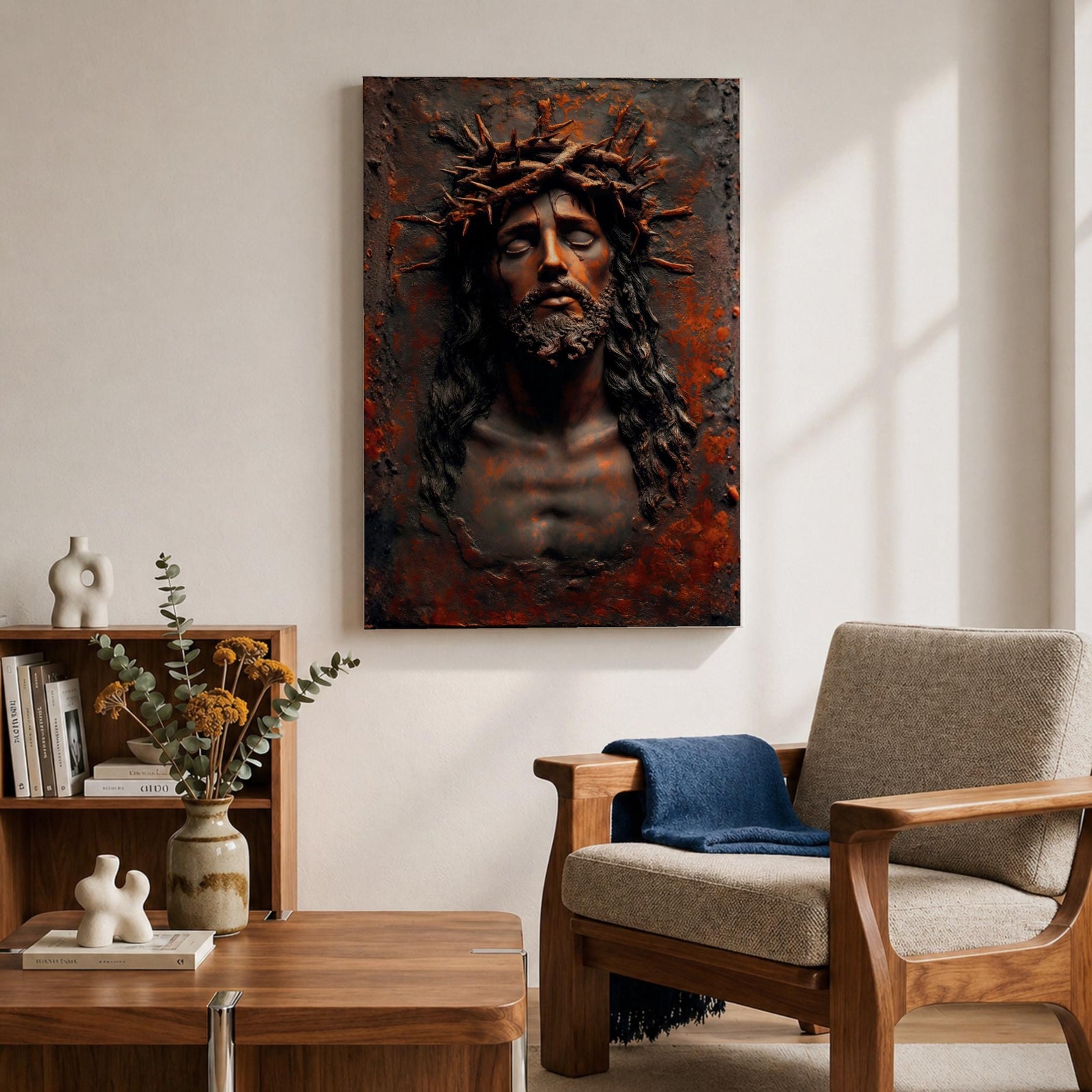 A detailed framed canvas wall art depicting Jesus wearing a crown of thorns with eyes closed and a sorrowful expression. The artwork captures the emotional intensity of Christ of Sorrows with textured, realistic features emphasizing the crown and facial hair, set against a dark, rustic background.