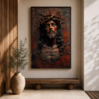 A detailed framed canvas wall art depicting Jesus wearing a crown of thorns with eyes closed and a sorrowful expression. The artwork captures the emotional intensity of Christ of Sorrows with textured, realistic features emphasizing the crown and facial hair, set against a dark, rustic background.