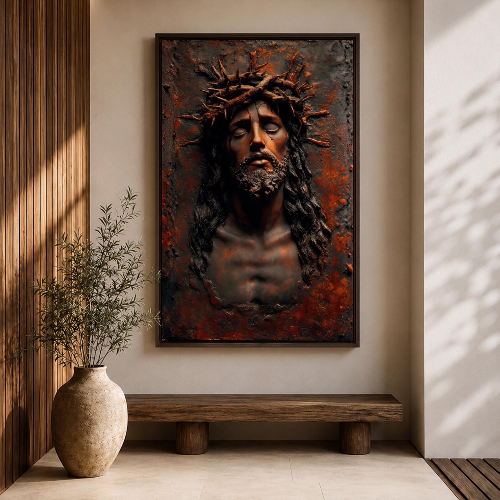A detailed framed canvas wall art depicting Jesus wearing a crown of thorns with eyes closed and a sorrowful expression. The artwork captures the emotional intensity of Christ of Sorrows with textured, realistic features emphasizing the crown and facial hair, set against a dark, rustic background.