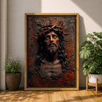 A detailed framed canvas wall art depicting Jesus wearing a crown of thorns with eyes closed and a sorrowful expression. The artwork captures the emotional intensity of Christ of Sorrows with textured, realistic features emphasizing the crown and facial hair, set against a dark, rustic background.