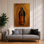 A traditional devotional depiction of Our Lady of Guadalupe standing with hands folded in prayer, wearing a rose colored gown and a teal mantle covered in gold stars, surrounded by radiant golden sun rays and standing above a crescent moon supported by an angel, rendered in classic Mexican Catholic icon style with rich colors and sacred symbolism.