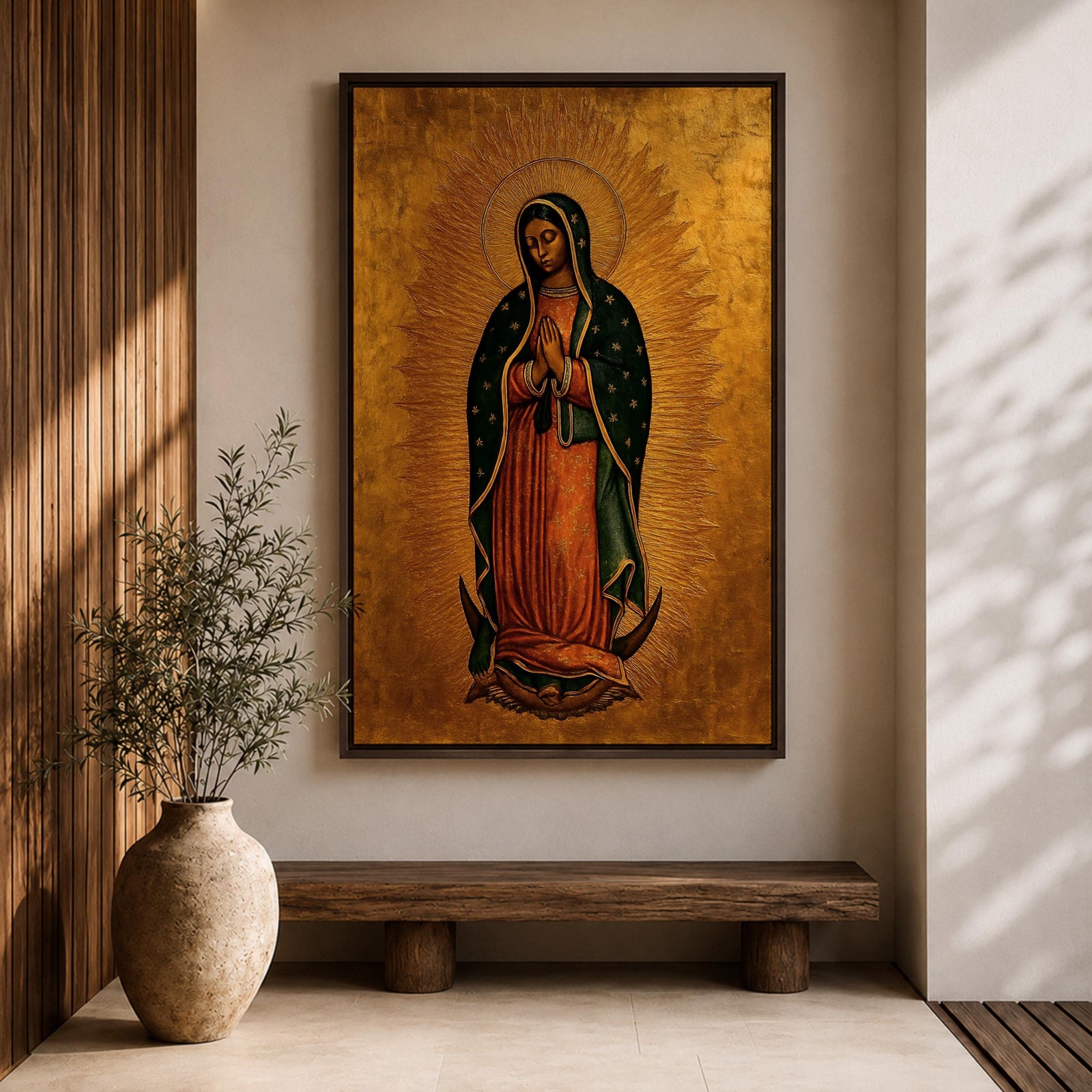 A traditional devotional depiction of Our Lady of Guadalupe standing with hands folded in prayer, wearing a rose colored gown and a teal mantle covered in gold stars, surrounded by radiant golden sun rays and standing above a crescent moon supported by an angel, rendered in classic Mexican Catholic icon style with rich colors and sacred symbolism.