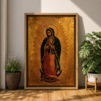 A traditional devotional depiction of Our Lady of Guadalupe standing with hands folded in prayer, wearing a rose colored gown and a teal mantle covered in gold stars, surrounded by radiant golden sun rays and standing above a crescent moon supported by an angel, rendered in classic Mexican Catholic icon style with rich colors and sacred symbolism.