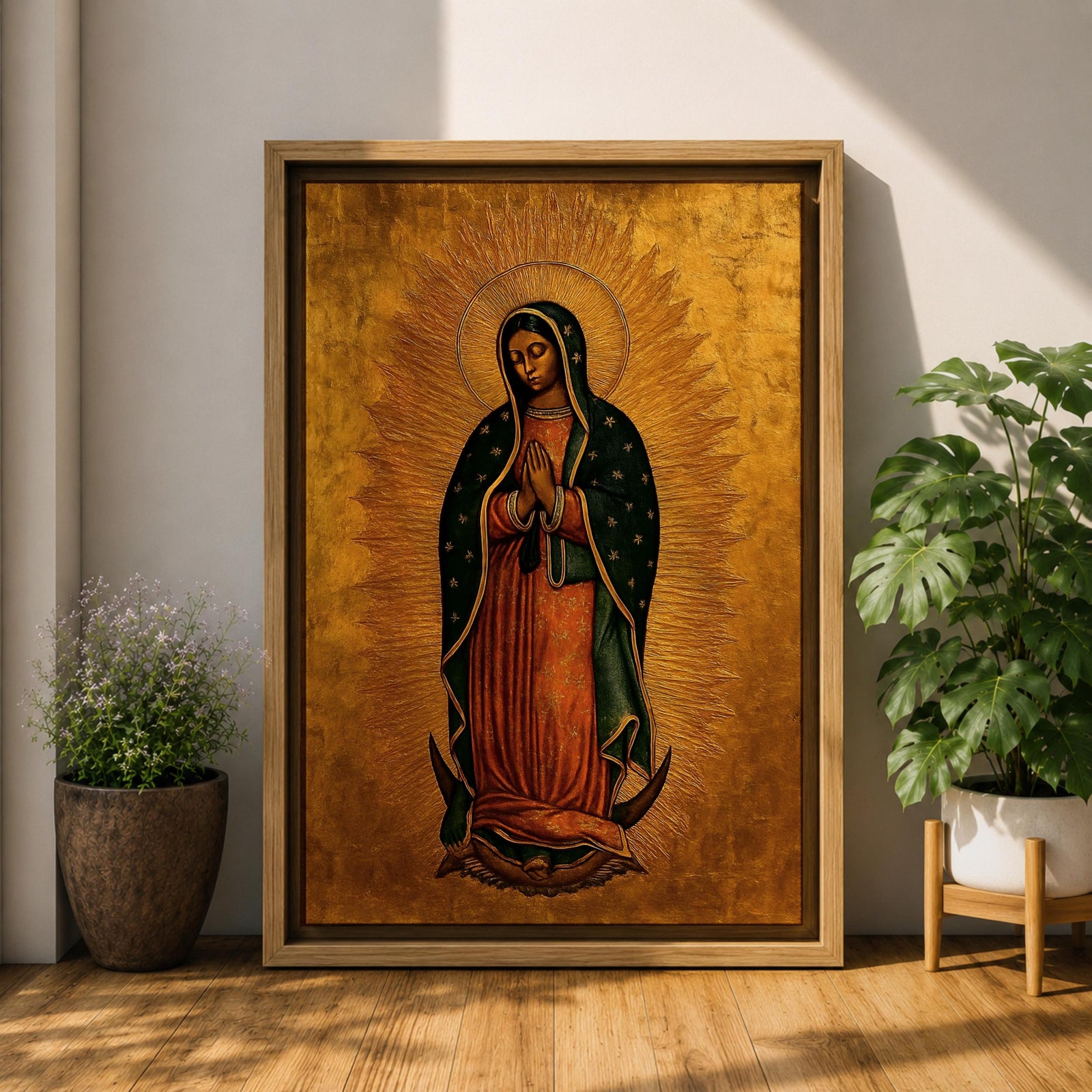 A traditional devotional depiction of Our Lady of Guadalupe standing with hands folded in prayer, wearing a rose colored gown and a teal mantle covered in gold stars, surrounded by radiant golden sun rays and standing above a crescent moon supported by an angel, rendered in classic Mexican Catholic icon style with rich colors and sacred symbolism.