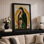 A devotional depiction of the Virgen de Guadalupe standing in prayer with hands clasped, wearing a rose pink gown and a teal mantle covered with gold stars, surrounded by radiant golden sun rays and standing above a crescent moon with a small angel beneath, rendered in a modern Mexican Catholic style with vibrant colors and sacred symbolism.