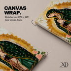 A devotional depiction of the Virgen de Guadalupe standing in prayer with hands clasped, wearing a rose pink gown and a teal mantle covered with gold stars, surrounded by radiant golden sun rays and standing above a crescent moon with a small angel beneath, rendered in a modern Mexican Catholic style with vibrant colors and sacred symbolism.