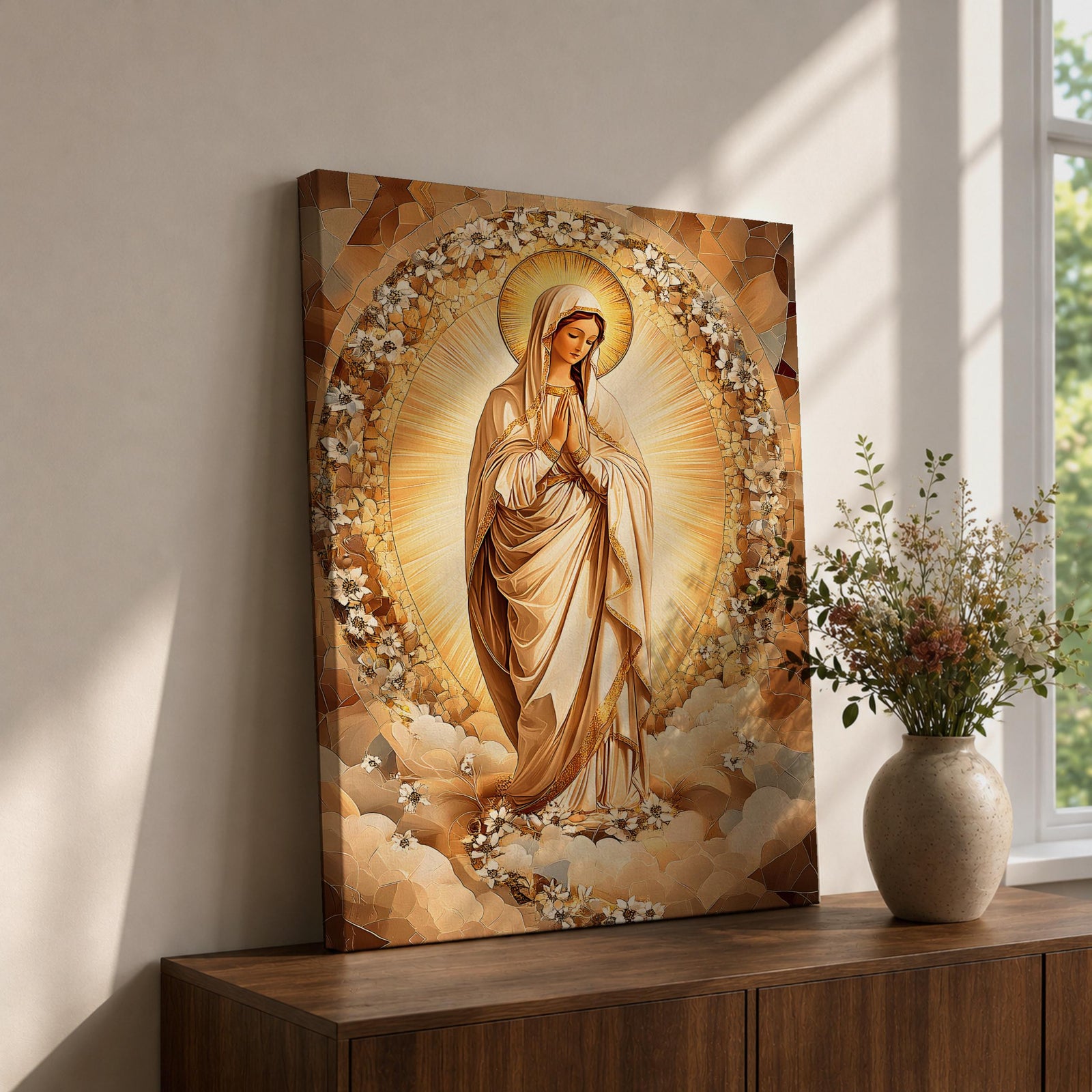 A depiction of the Virgin Mary shown as the Sacred Madonna with a calm expression, surrounded by intricate mosaic and stained glass patterns with floral motifs, rendered in a luminous style with jewel toned colors, detailed geometric pieces, and soft radiant light emphasizing the sacred Marian figure.