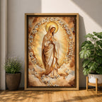 A depiction of the Virgin Mary shown as the Sacred Madonna with a calm expression, surrounded by intricate mosaic and stained glass patterns with floral motifs, rendered in a luminous style with jewel toned colors, detailed geometric pieces, and soft radiant light emphasizing the sacred Marian figure.