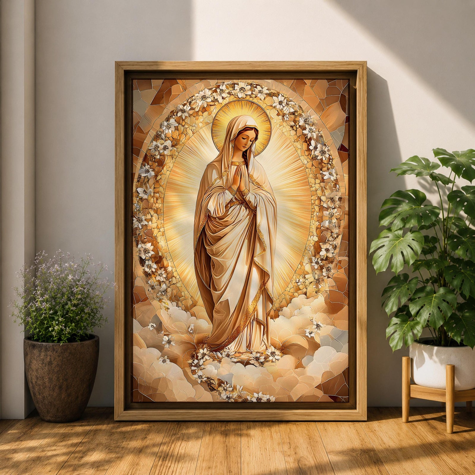 A depiction of the Virgin Mary shown as the Sacred Madonna with a calm expression, surrounded by intricate mosaic and stained glass patterns with floral motifs, rendered in a luminous style with jewel toned colors, detailed geometric pieces, and soft radiant light emphasizing the sacred Marian figure.