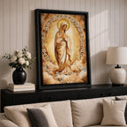 A depiction of the Virgin Mary shown as the Sacred Madonna with a calm expression, surrounded by intricate mosaic and stained glass patterns with floral motifs, rendered in a luminous style with jewel toned colors, detailed geometric pieces, and soft radiant light emphasizing the sacred Marian figure.