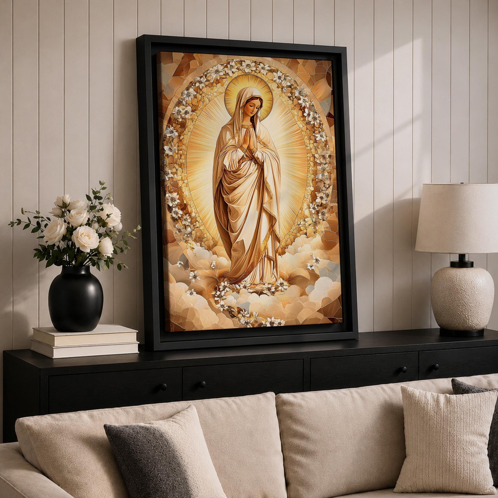 A depiction of the Virgin Mary shown as the Sacred Madonna with a calm expression, surrounded by intricate mosaic and stained glass patterns with floral motifs, rendered in a luminous style with jewel toned colors, detailed geometric pieces, and soft radiant light emphasizing the sacred Marian figure.
