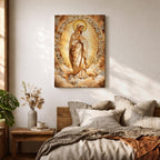 A depiction of the Virgin Mary shown as the Sacred Madonna with a calm expression, surrounded by intricate mosaic and stained glass patterns with floral motifs, rendered in a luminous style with jewel toned colors, detailed geometric pieces, and soft radiant light emphasizing the sacred Marian figure.
