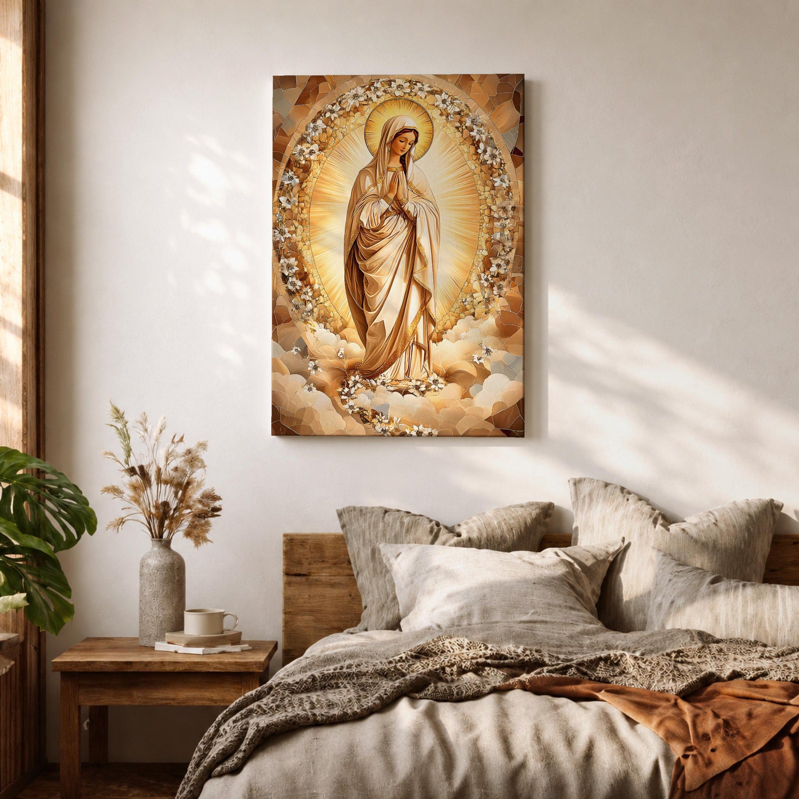 A depiction of the Virgin Mary shown as the Sacred Madonna with a calm expression, surrounded by intricate mosaic and stained glass patterns with floral motifs, rendered in a luminous style with jewel toned colors, detailed geometric pieces, and soft radiant light emphasizing the sacred Marian figure.