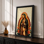 A devotional depiction of Our Lady of Guadalupe standing with hands folded in prayer, wearing a rose pink gown and a teal mantle filled with gold stars, surrounded by radiant golden rays and positioned above a crescent moon with an angel beneath, framed by colorful floral elements in a Mexican Catholic devotional style.