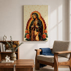 A devotional depiction of Our Lady of Guadalupe standing with hands folded in prayer, wearing a rose pink gown and a teal mantle filled with gold stars, surrounded by radiant golden rays and positioned above a crescent moon with an angel beneath, framed by colorful floral elements in a Mexican Catholic devotional style.