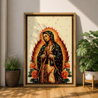 A devotional depiction of Our Lady of Guadalupe standing with hands folded in prayer, wearing a rose pink gown and a teal mantle filled with gold stars, surrounded by radiant golden rays and positioned above a crescent moon with an angel beneath, framed by colorful floral elements in a Mexican Catholic devotional style.