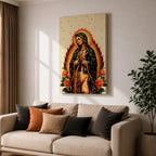 A devotional depiction of Our Lady of Guadalupe standing with hands folded in prayer, wearing a rose pink gown and a teal mantle filled with gold stars, surrounded by radiant golden rays and positioned above a crescent moon with an angel beneath, framed by colorful floral elements in a Mexican Catholic devotional style.