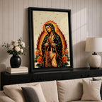 A devotional depiction of Our Lady of Guadalupe standing with hands folded in prayer, wearing a rose pink gown and a teal mantle filled with gold stars, surrounded by radiant golden rays and positioned above a crescent moon with an angel beneath, framed by colorful floral elements in a Mexican Catholic devotional style.