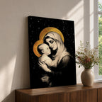 A framed canvas artwork depicting Madonna and Child with golden halos against a starry black background. The image shows the Virgin Mary tenderly holding the infant Jesus, rendered in a classical style with detailed shading and a serene expression, emphasizing their close bond.